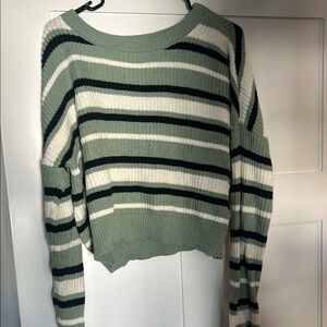 Green and White Crew Neck Striped Sweater with Ribbed Cuffs